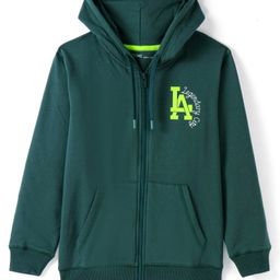 Doreme Knitted Full Sleeves Hooded Sweatjacket With Text Print - Dark Green-picture-23