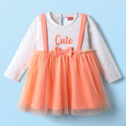 Babyhug Single Jersey Knit Full Sleeves Polka Dots Printed Frock with Bow Applique - Dark Peach-image-96