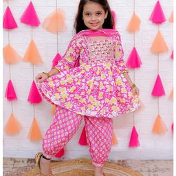 AATYA by Shruti Agarwal Cotton Three Fourth Sleeves Floral Printed & Lace Embellished Kurta Sharara With Dupatta Set - Pink-image-93