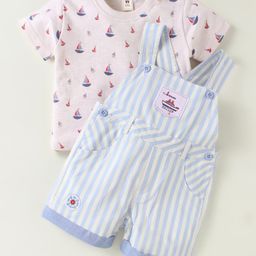 ToffyHouse Cotton Knit Striped Dungaree & Half Sleeves T-Shirt With Boat Print & Patch Detailing - Light Blue-image-23
