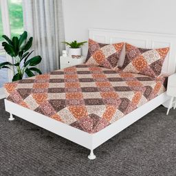 Kuber Industries 72x78 Inch Cotton Elastic Bedsheets for Double Bed with 2 Pillow Covers | Easy to Maintain Fitted Double Bedsheet Cotton for Daily Use | Rangoli Design - Brown-6