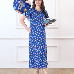 Bella Mama Cotton Knit Half Sleeves Heart & Floral Printed Maternity Nursing Nighty - Royal Blue-picture-9