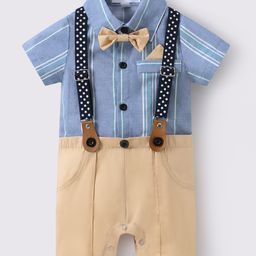 Mark & Mia Cotton Half Sleeves Striped Collared Party Romper with Suspender & Bow Applique - Blue & Beige-image-12