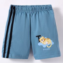 Tango Single Jersey Knit Knee Length Shorts with Tiger Print & Tape Detailing - Teal Blue-image-49