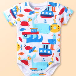Babyhug 100% Cotton Knit Half Sleeves Onesie with Nautical Theme Print - White-image-47
