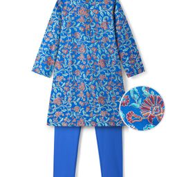 EARTHY TOUCH Single Jersey Knit Full Sleeves Kurta Pyjama Set with Floral Print - Blue-image-58