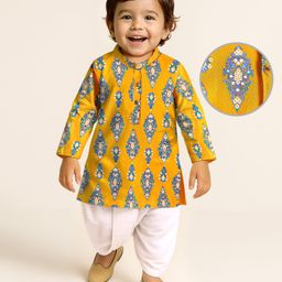 EARTHY TOUCH Single Jersey Knit Full Sleeves Floral Block Printed Kurta & Dhoti Set - Mustard-image-74