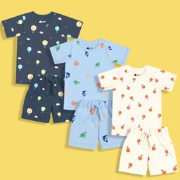 Orange Sugar 100% Cotton Knit Pack Of 3 Half Sleeves Hot Air Balloon & Fishes Printed Tee With Coordinating Shorts Set - Multi Colour-image-46