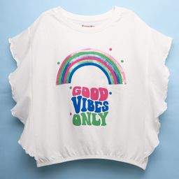 Kookie Kids Cotton Jersey Knit Frill Sleeves Top with Hem Elastic & Good Vibe Only Text Print - Offwhite-image-60