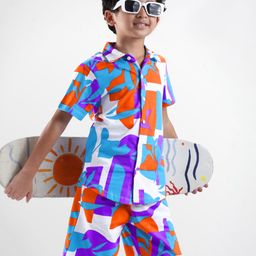 OLLINGTON ST. Cotton Co-ord Set Abstract Printed Half Sleeves Shirt & Knit Shorts - White-image-73