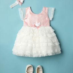 Enfance Half Sleeves Floral Applique Layered Knee Length Dress With Headband & Booties - Peach-image-79