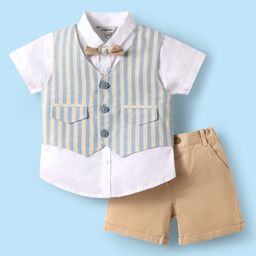 ToffyHouse Poplin Woven Half Sleeves 3 Piece Party Suits with Stripes - White & Cream-image-21