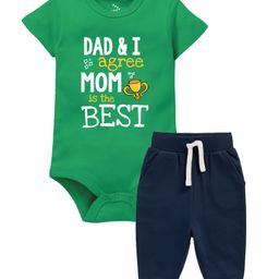 Zeezeezoo 100% Cotton Mothers Day Theme Half Sleeves Dad & I Agree Mom Is The Best Text Printed Onesie With Joggers Set - Green & Navy Blue-image-35