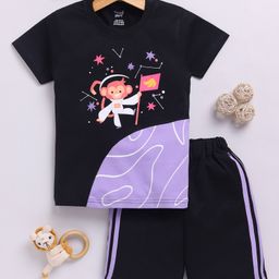 TOONYPORT Cotton Half Sleeves Baby Monkey Printed Tee & Side Taped Shorts Set - Black-image-18