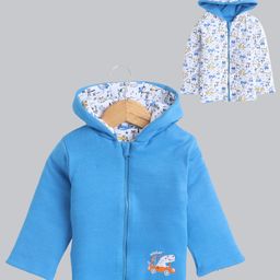 BUMZEE Cotton Knit Full Sleeves Dinosaur Printed & Embroidered Hooded Reversible Jacket - Royal Blue & White-image-72