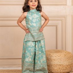 Jilmil Silk Woven Sleeveless Floral Foil Printed Sequins Embellished Short Kurti & Coordinating Palazzo Set - Mint Green-image-44