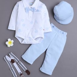 BUMZEE Cotton Knit Full Sleeves Floral Printed Onesie & Pant Set With Suspender & Cap - Powder Blue & White-picture-10