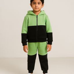 Aww Hunnie Fleece Knit Full Sleeves Colour Blocked Hooded Jacket & Coordinating Joggers Set - Green-picture-26