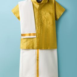 Dapper Dudes Half Sleeves Textured Shirt With Mundu Lungi & Geometric Foil Printed Angavastram Set - Gold-picture-1