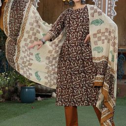 Taavi Women Printed Pure Cotton Bagru Kurta With Trousers & Dupatta-25