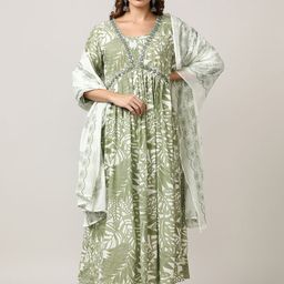Jaipur Kurti Women Floral Embroidered Angrakha Thread Work Kurta with Trousers & With Dupatta-37