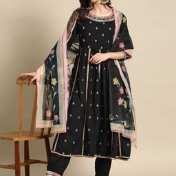 Sangria Women Embroidered Mirror Work Pure Cotton Kurta with Trousers & With Dupatta-38