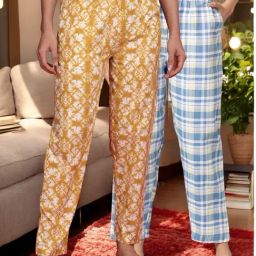 Kryptic Mustard & Blue Cotton Relaxed Fit Printed Lounge Pants - Pack of 2-image-96