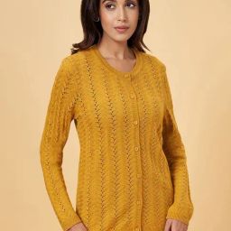 Rangmanch by Pantaloons Mustard Crochet Pattern Cardigan-image-6