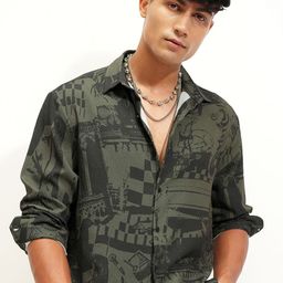 HIGHLANDER Abstract Printed Spread Collar Relaxed Fit Shirt-image-19