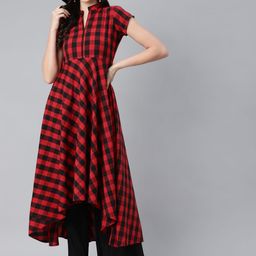 MBE Women Red & Black Checked Pure Cotton Anarkali Kurta-image-2
