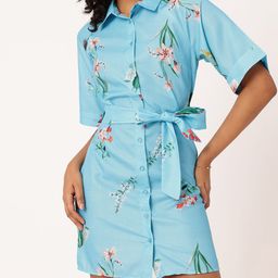 DressBerry Holiday Chic Floral Printed Shirt Style Mini Dress With Waist Tie-Up-image-96