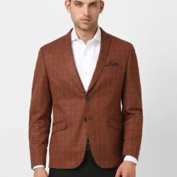 V Dot Brown Skinny Fit Checks Blazer-image-28