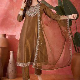 Sangria Floral Embroidered Sequinned A-Line Kurta With Trousers And Dupatta-picture-30