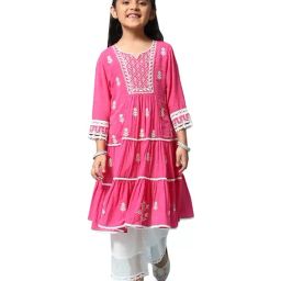 BIBA Girls Fuchsia Pink & White Cotton Embroidered Kurta Set-picture-17