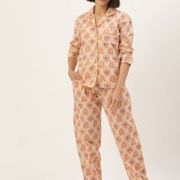 SANSKRUTIHOMES Women Beige & Red Printed Cotton Night suit-8