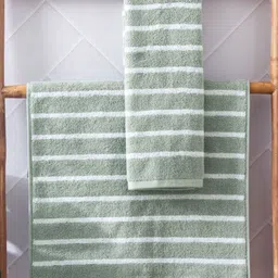 Home Centre Colour Refresh Essense 2Pcs Green & White Striped Cotton Soft Hand Towels-12