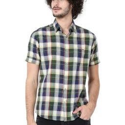 Mufti Green & Blue Cotton Slim Fit Checks Shirt-image-35