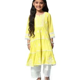 BIBA Girls Yellow & White Cotton Embroidered Kurta Set-image-78