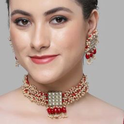 Karatcart Red Crystal and Pearl Beaded Kundan Choker Necklace Set for Women-41