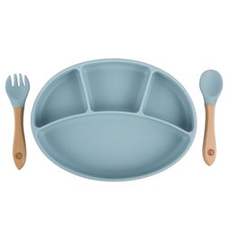 Taabartoli Silicone Plate With Suction Bamboo Spoon And Fork Set- Blue-picture-23