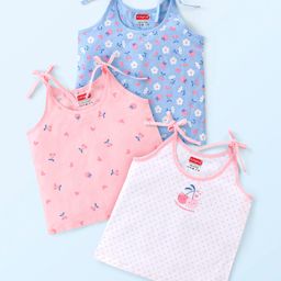 Babyhug 100% Cotton Sleeveless Tie Knot Jhabla Cherry & Floral Print Pack of 3- Pink Blue & White-image-21