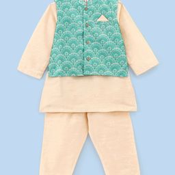 Babyhug 100% Cotton Woven Full Sleeves Solid Kurta Pyjama Set with Floral Printed Jacket - Beige-image-17