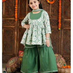 Vastramay Three Fourth Sleeves Ikat Printed Kurta With Sharara And Dupatta Set - Green-image-2