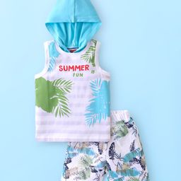 Babyhug Single Jersey Knit Sleeveless T-Shirt & Shorts with Tropical & Text Print - White & Blue-image-3