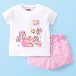 Babyhug Cotton Knit Single Jersey Half Sleeves Night Suit With Snail Print - White & Pink-image-19