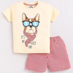 CUTOPIES Cotton Half Sleeves Dog & Stripped Printed Tee & Shorts Set - Butter Yellow-image-90