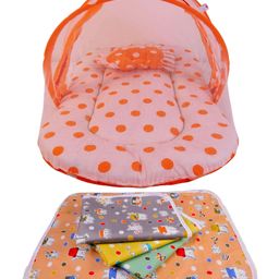 Babytoons New Born Baby Combo of 1 Mosquito Net Bed and 4 Plastic Changing Diapers Waterproof Mat/Massage Mat/Protection Mat (0-12 Months) Orange-11