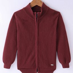 Smarty Boys 100% Cotton Flatknit Full Sleeves High Neck Front Open Sweater with Solid Colour - Wine-image-103