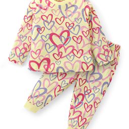 Babyhug Cotton Knit Full Sleeves Night Suit with Heart Print - Light Yellow-image-53