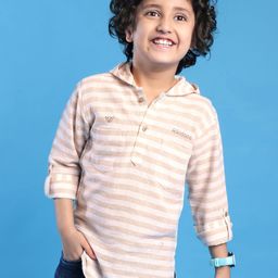 Rikidoos Full Sleeves Striped Kurta Style Hooded Shirt - Fawn-image-52